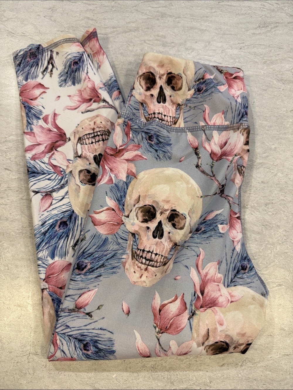 Evolution and Creation Floral Skull Leggings in Blue, Pink, Cream